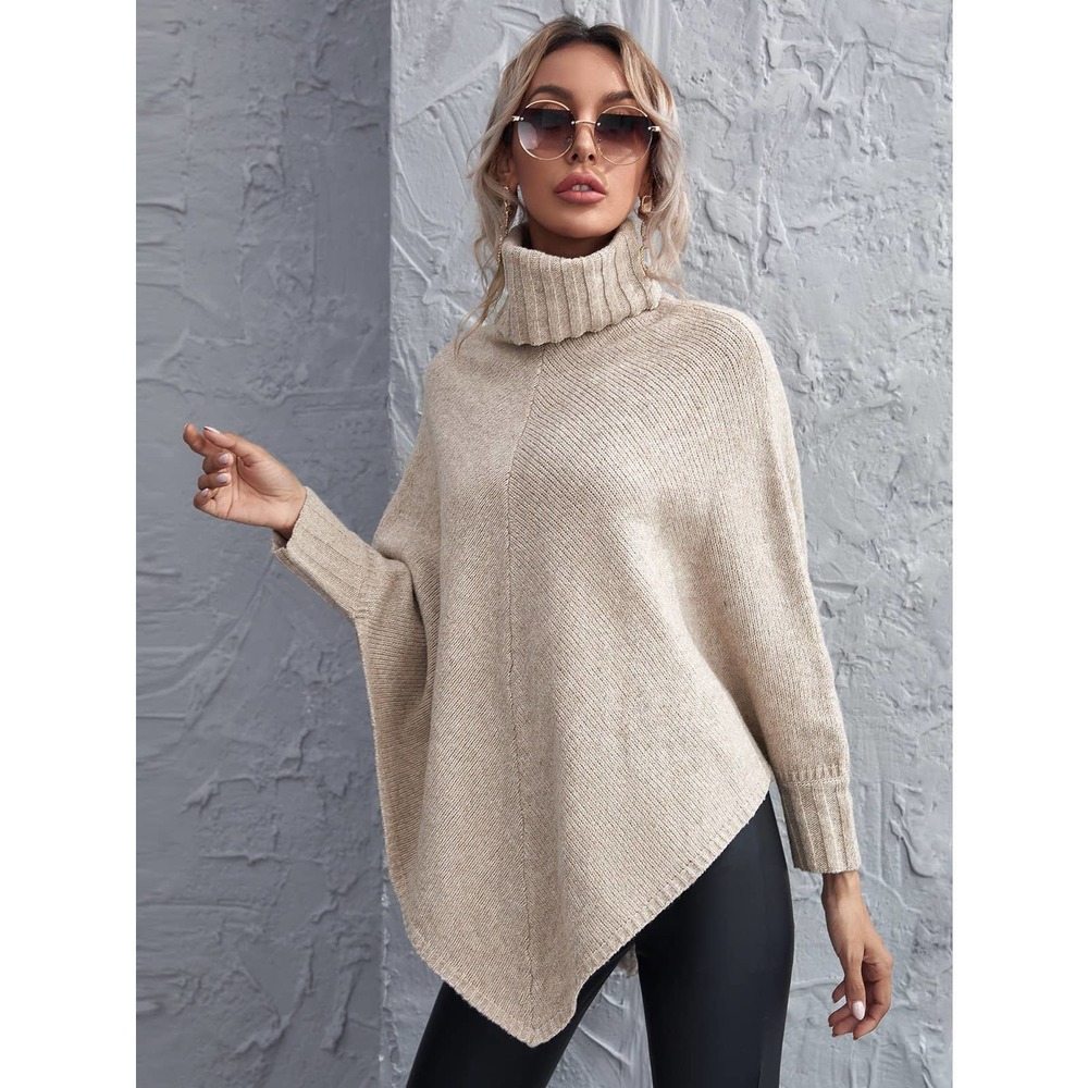 Turtleneck Asymmetrical Hem Poncho Sweater tan boho - Picture 1 of 5